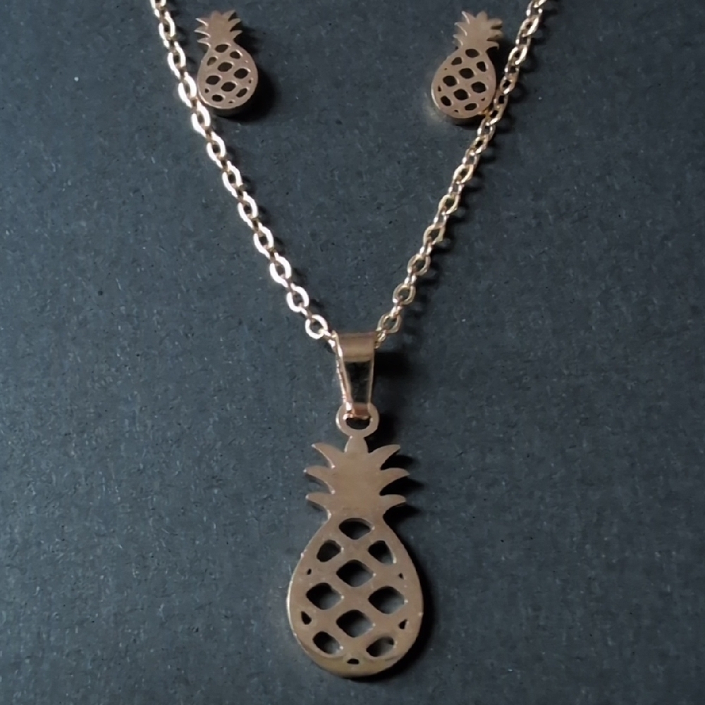 Gold Stainless Steel Pineapple Pendant Necklace and Earring Set